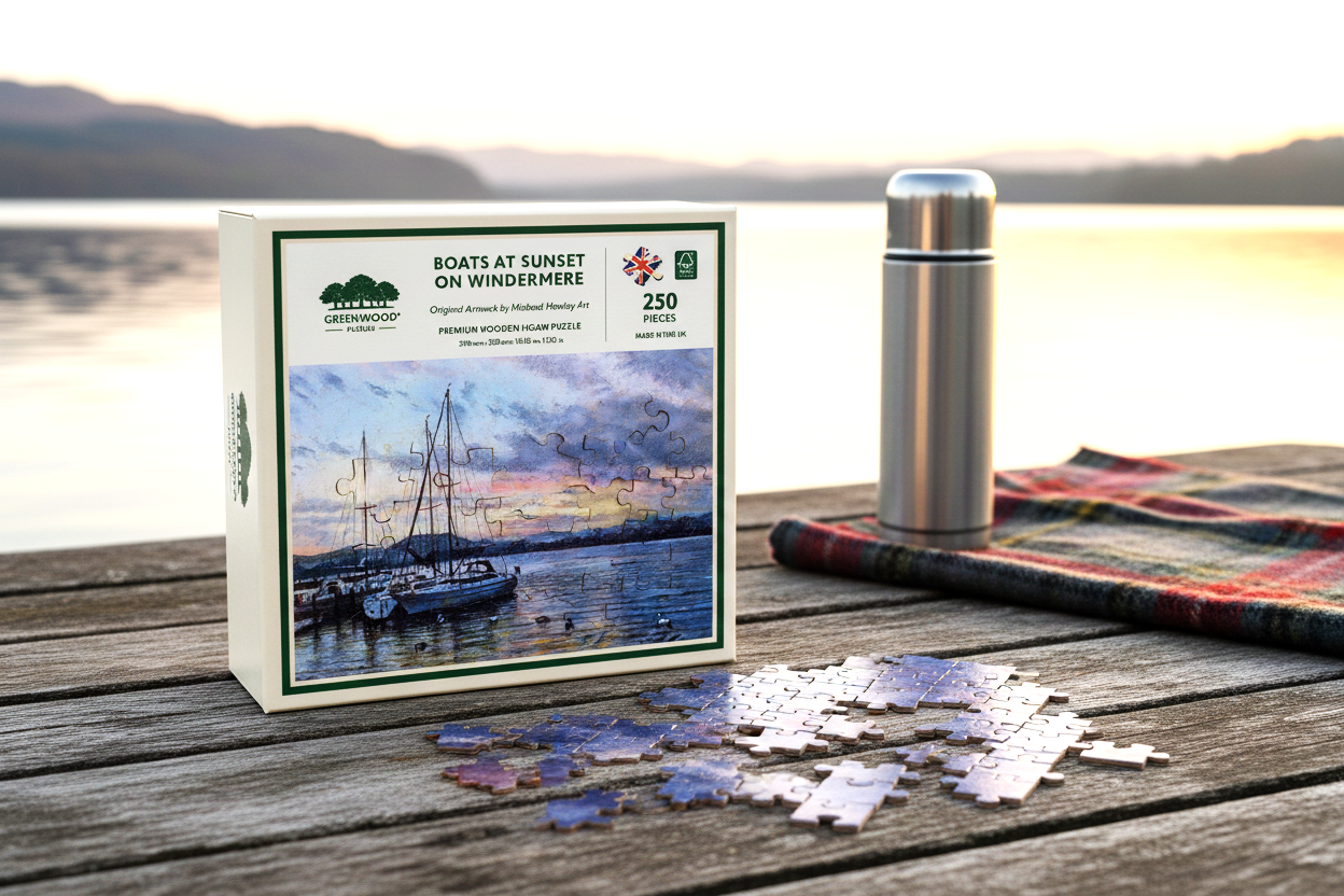 Boats At Sunset On Windermere Wooden Jigsaw Puzzle